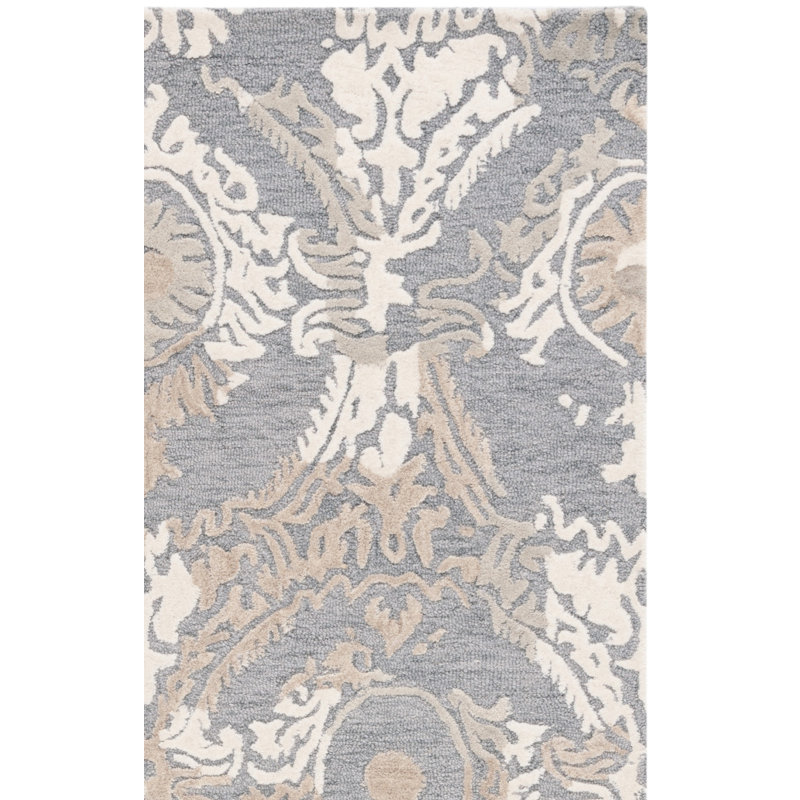 Delaina Ebony Hand Tufted Wool/Cotton Damask Rug in Gray/Ivory, Rectangle 3' x 5'