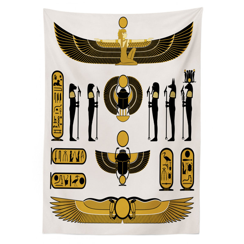 Egyptian Tablecloth, Old Historical Egyptian Spirit Myth Mummy Sun Art Illustration, Rectangular Table Cover For Dining Room Kitchen Decor, 52" X 70", Yellow Black
