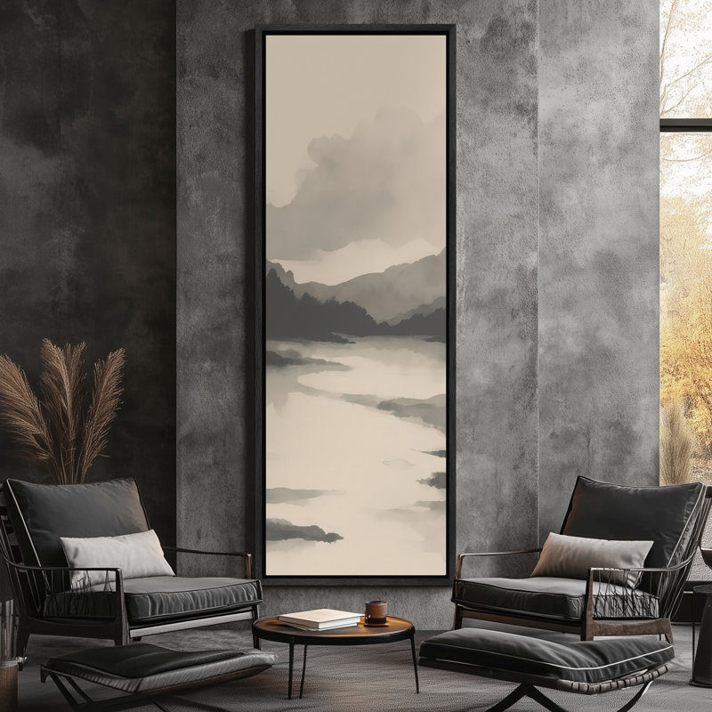 Art mural sur toile Soft sépia Mountain Lake - Paysage serein naturel pour des intérieurs rustiques ou contemporains, Noir