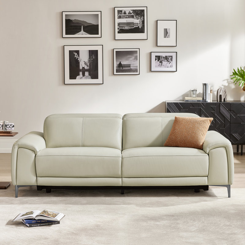 89'' Top-Grain Leather Power Reclining Sofa, Light Gray