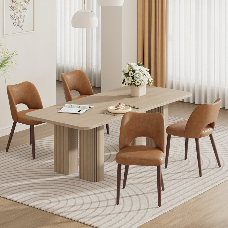Chaise rembourrée moderne avec pieds en bois massif, Light Brown-PU Leather