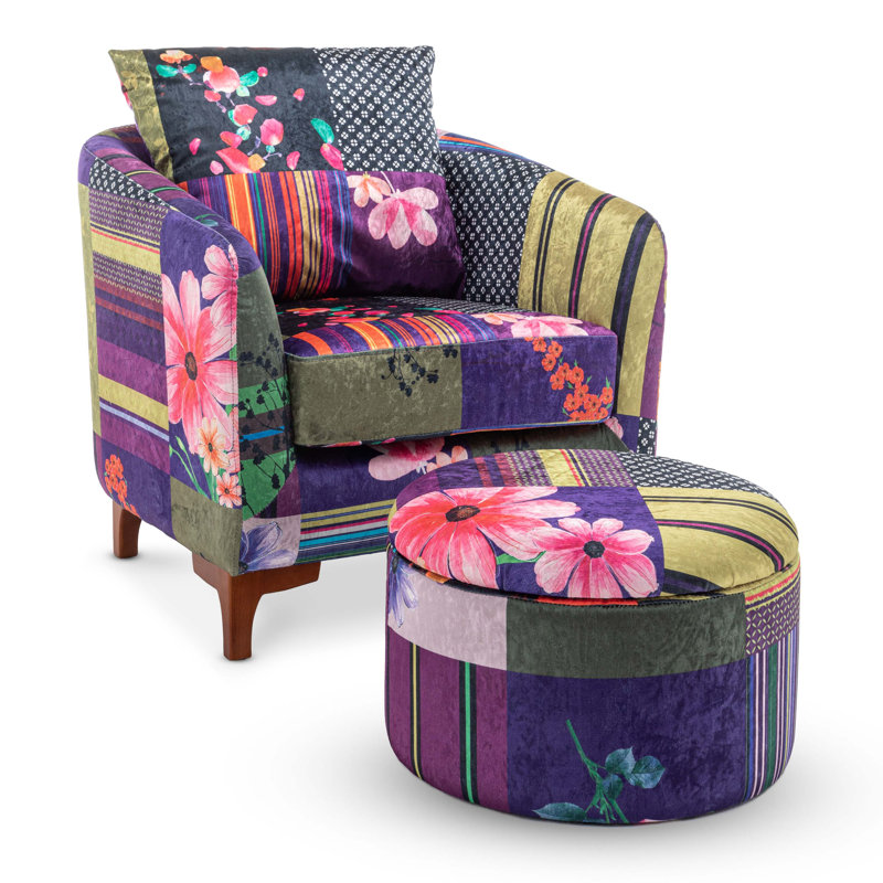 Charlston Upholstered Armchair with Footstool, Patchwork Multicoloured
