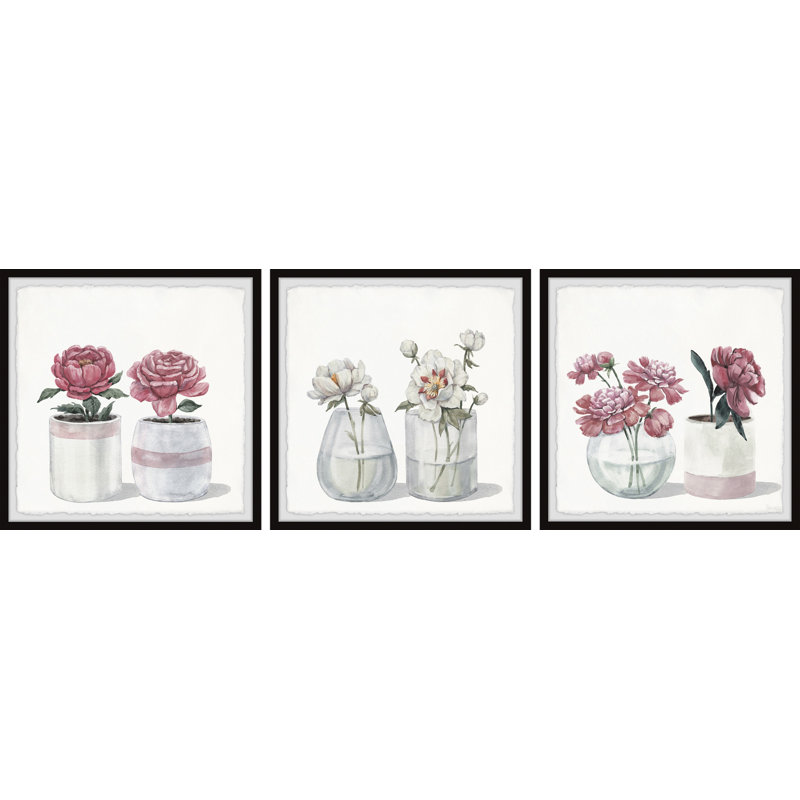 Pretty Pink Flowers by Parvez Taj - 3 Piece Single Picture Frame Painting Set, 45" H x 45" W x 3.81" D