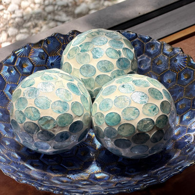 Coastal sea blue Capiz shell orbs for tabletop and shelf decor, set of 3, 4 inches high