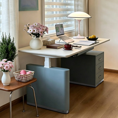 Bureau réglable en hauteur haut de gamme en cuir bleu et blanc 78,74 po Italian Light Luxury
