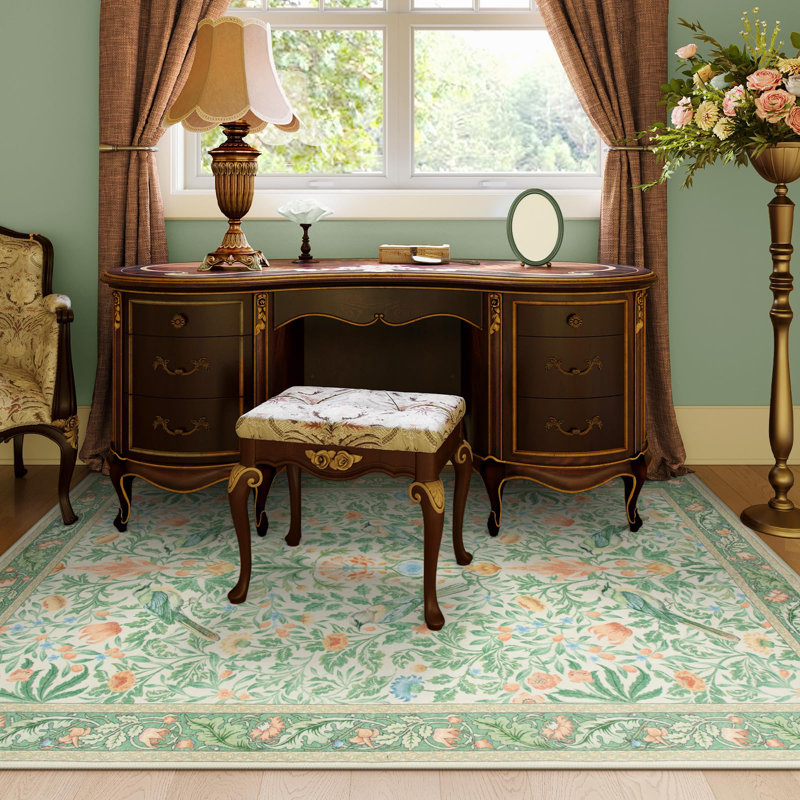 Vintage Botanical Bird-Print Machine-Washable Low-Pile Area Rug with Non-Slip Backing, Rectangle 5' x 7'