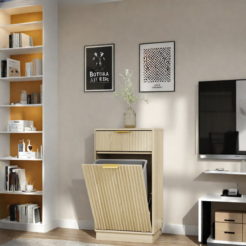 Armoire à poubelle inclinable avec tiroir et poignées en métal, Chêne