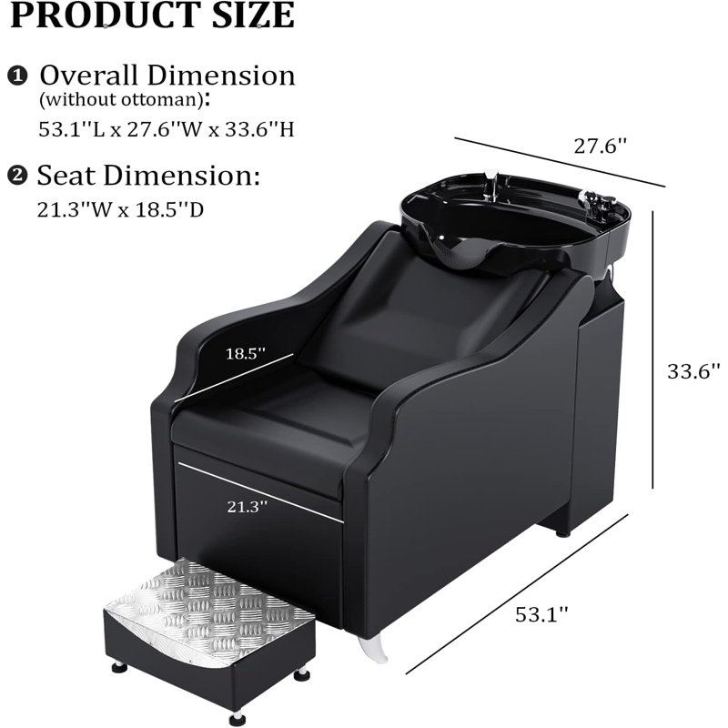 Black Salon Shampoo Bowl and Chair Backwash Unit with Extra Large Ceramic Bowl