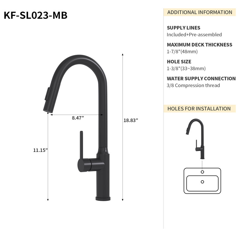 18.46" Pull-Down Kitchen Faucet With Brass Body - Matt Black Adjustable Spray, Matte Black