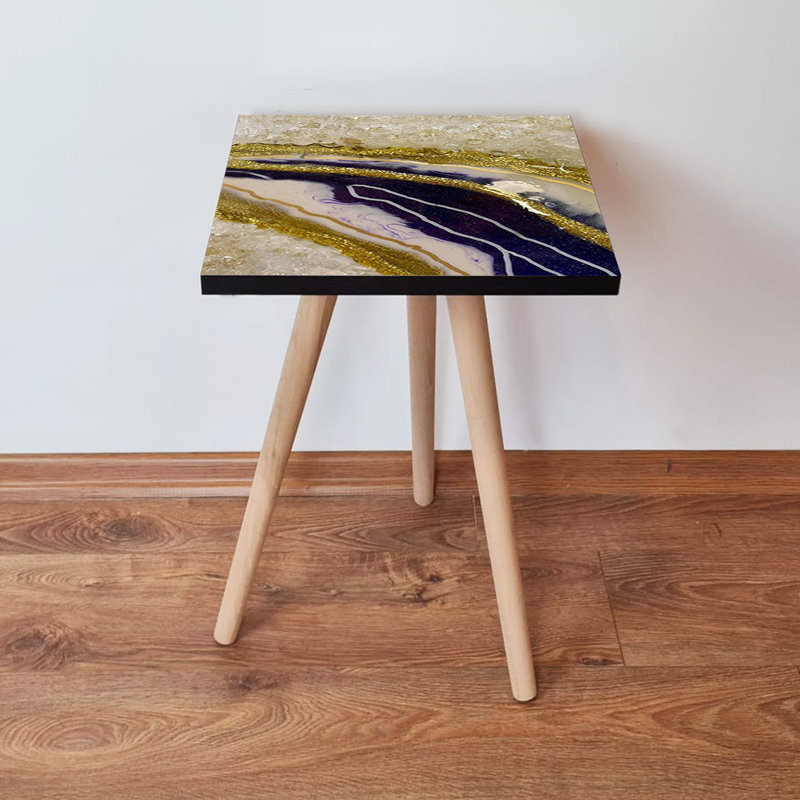 Table d'appoint abstraite en marbre, 100% panneau de fibres à densité moyenne avec pieds en bois de hêtre, 13,8 x 16,5 x 13,8 pouces | Conception durable et élégante | Parfait pour le salon, la chambre à coucher ou le bureau | Mobilier moderne