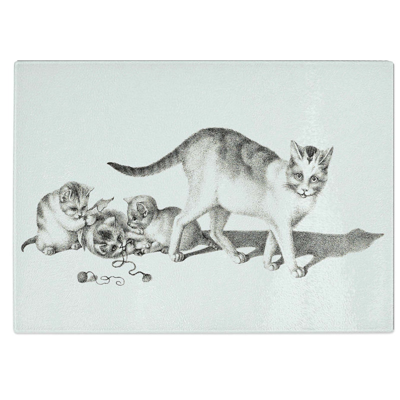 Tempered Glass Cat with Playful Kittens Chopping Board, 39 cm W x 28.5 cm L