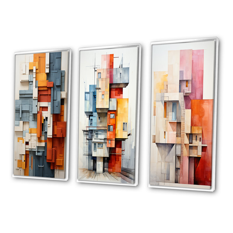«Constructivism Construit Horizons I», 3 pièces, H 32 po x l 48 po, Cadre blanc