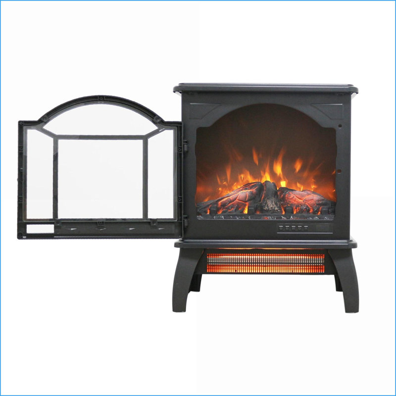 18 Inch Electric Fireplace Stove – 3D Realistic Flame, Infrared Quartz, Remote | Freestanding | Antique Black