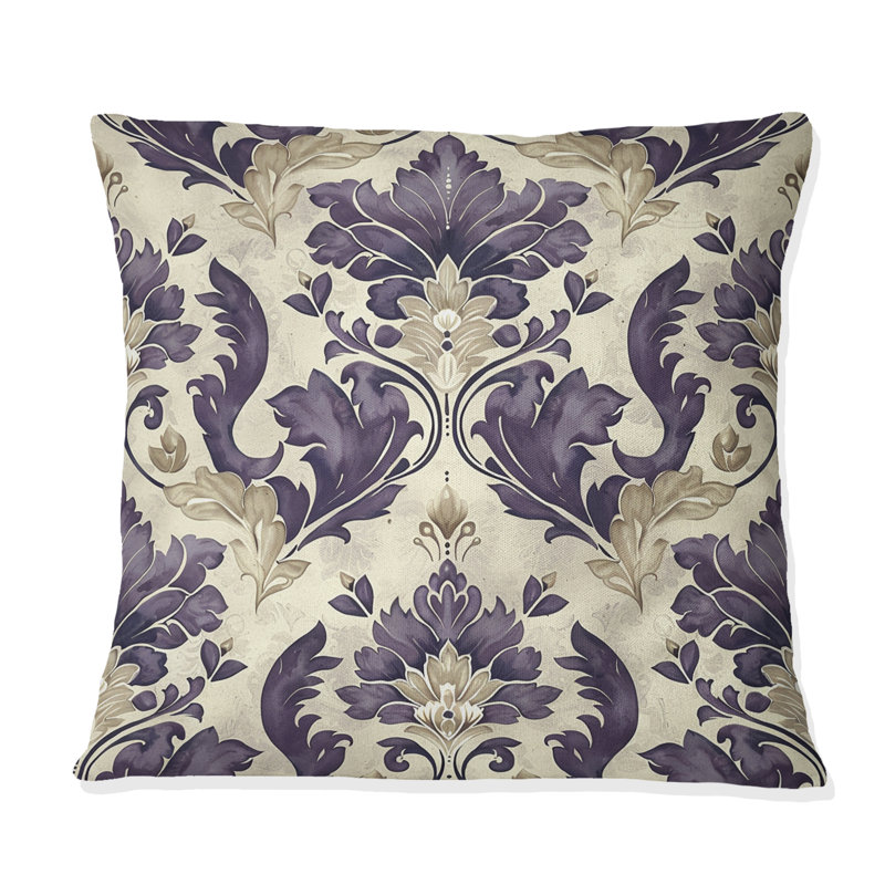 Coussin décoratif mauve, beige et damassé Elegance I, H 16 po x l 16 po