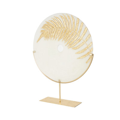 Cole And Grey Polystone Round Disk Leaf Decorative White Sculpture With Center Cutout And Gold Base