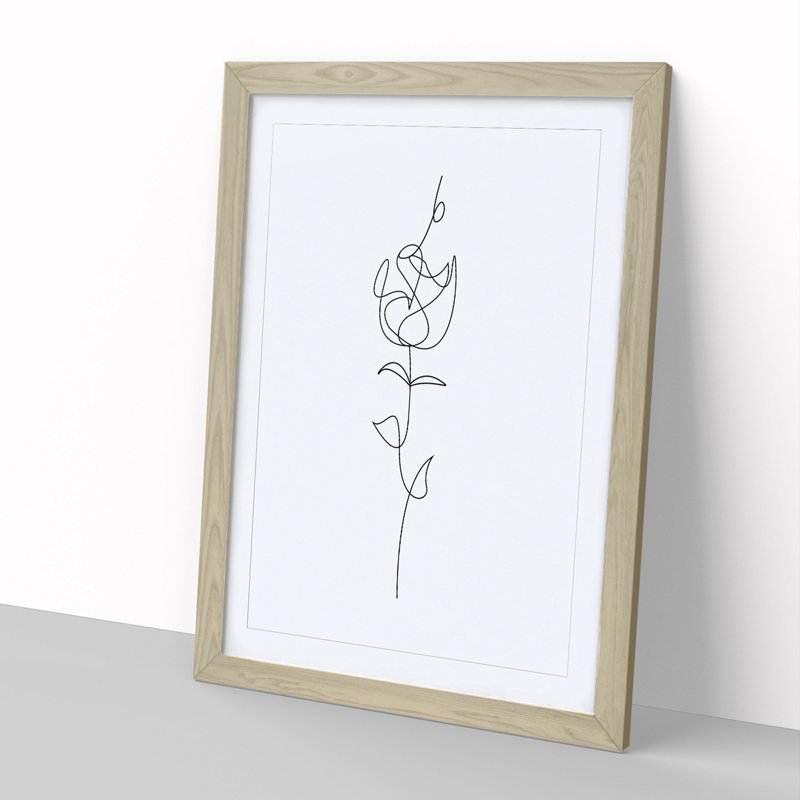 Line Flower - Picture Frame Drawing, Oak Framed, 48cm H x 36cm W x 2cm D