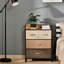 Commode à 4 compartiments de rangement - Tiroirs en tissu et structure en acier pour entrée, avec plateau en bois fini érable brillant, teinte chambre.