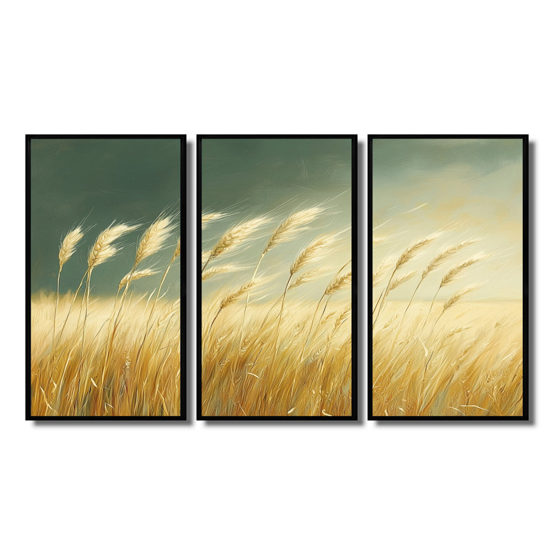 Vert doré blé - ensemble d'art mural ferme, H 28 po x l 36 po x P 1 po, Toile avec cadre flottant noir