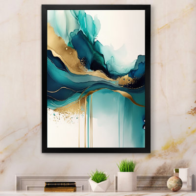 «Teal and Gold Abstract Expression II», art abstrait à l'encre liquide