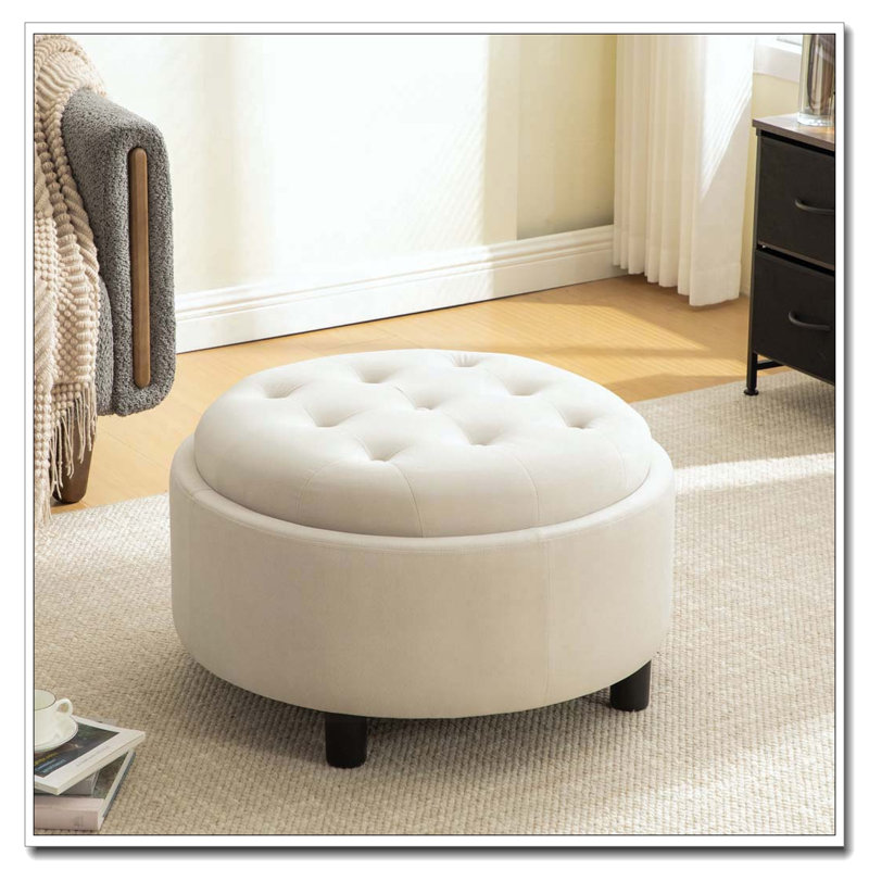 29.33"W Upholstered Round Ottoman, Beige