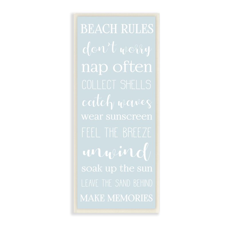 " Beach Rules List Coastal Activities Blue White " Graphic Art Print, 17" H  x  7" W, Wall Plaque