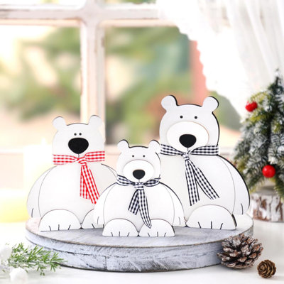 3 pièces décorations de table ours polaire de Noël ours en bois décor de chambre de bébé rustique centre de table en bois avec ruban à carreaux de Noël pour table de chambre de bébé