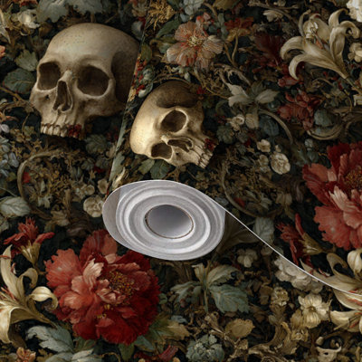 Peel and Stick PVC Wallpaper, Removable Self-Adhesive Wall Covering With Victorian Gothic Skull Floral Roses Botanicals Print, Waterproof for Home Decor - Roll
