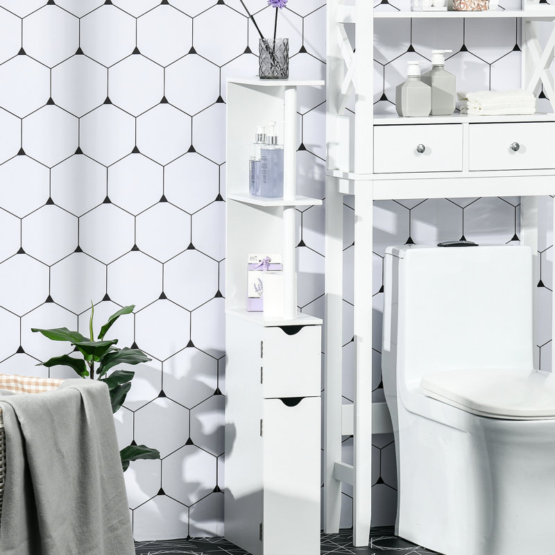 White Freestanding Bathroom Cabinet, 2 Open Shelves And Door Cabinets, Added Storage In Bathroom, Particle Board, - Tipping Strap, Maximize Unused Corners, 6" W X 11.72" D 46.5" H, Easy To Maintain