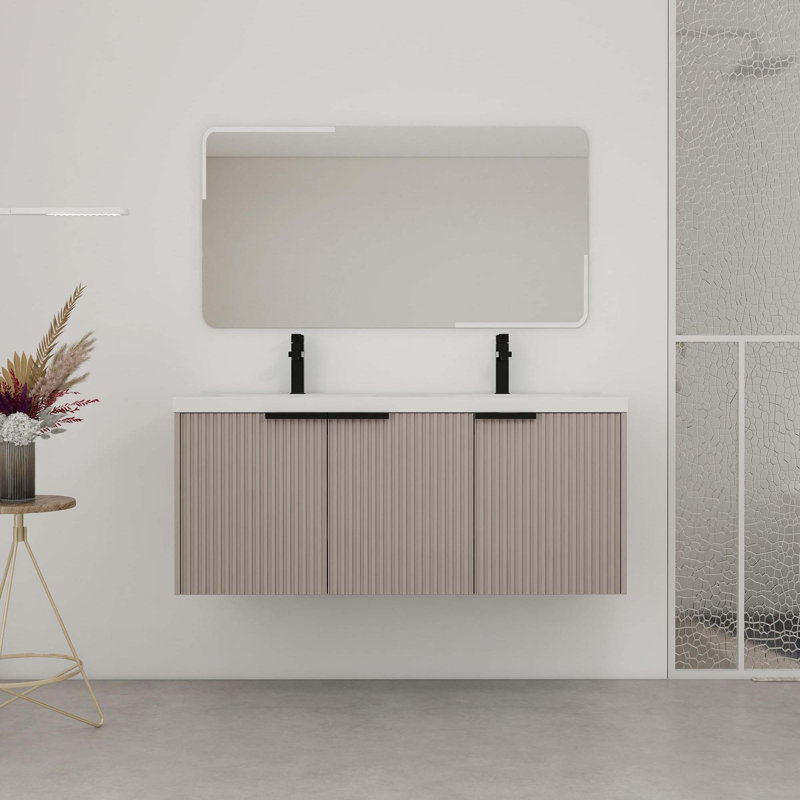 Meuble-lavabo mural 48 po avec lavabo double en résine et 3 portes à fermeture en douceur, Kaki