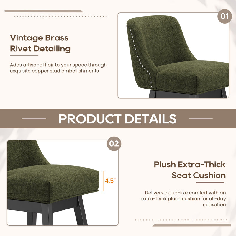 360°Bar Counter Stool with Solid Wood Frame, Green