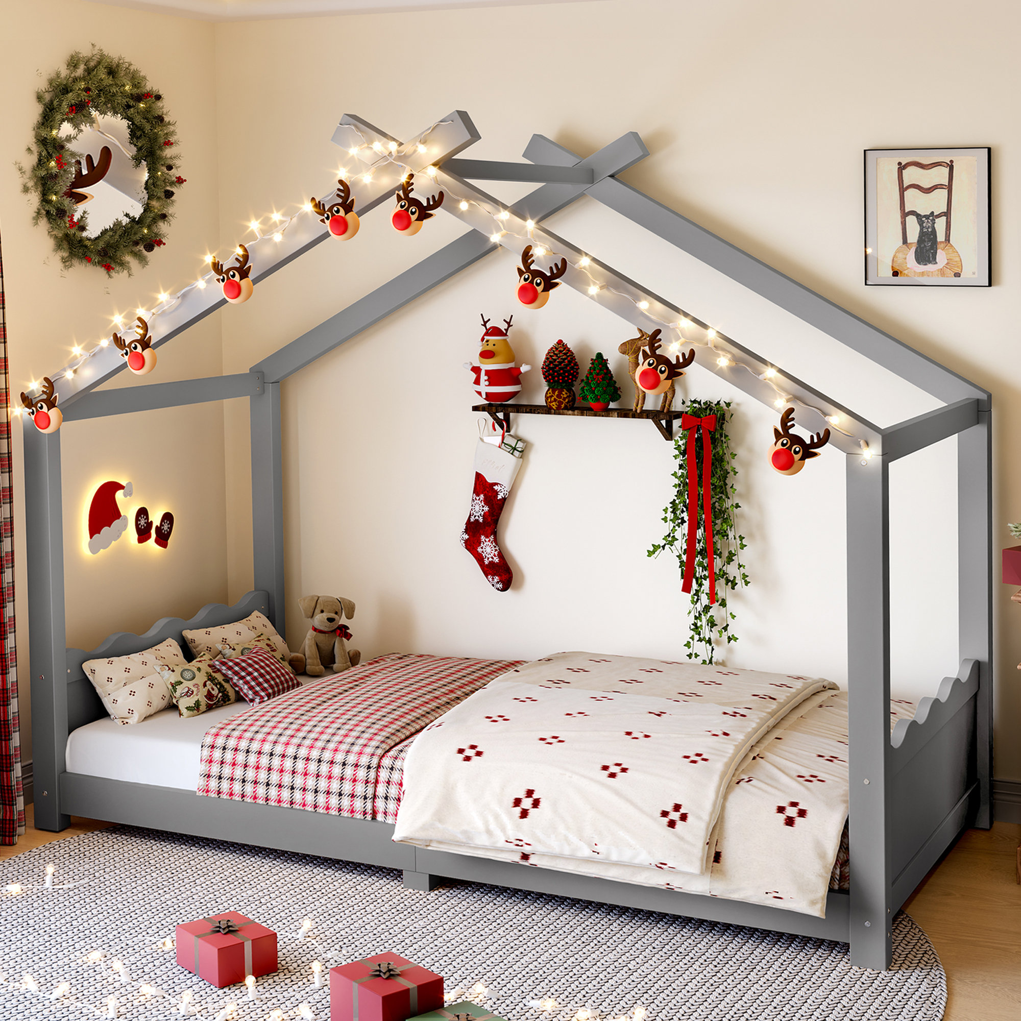 Ebern Designs Twin Size Kids House Floor Bed with Solid Wood Frame ...