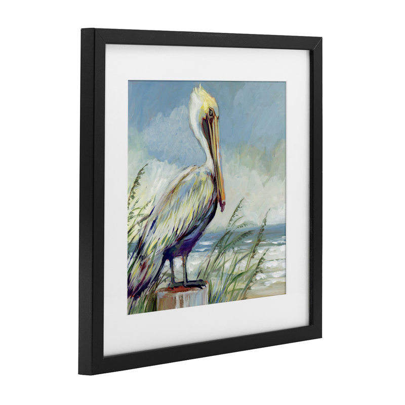 «Coastal Pelican Perch», reproduction sous verre encadrée, conception de Susan Winget, H 13 po x l 13 po, Cadre noir minuit