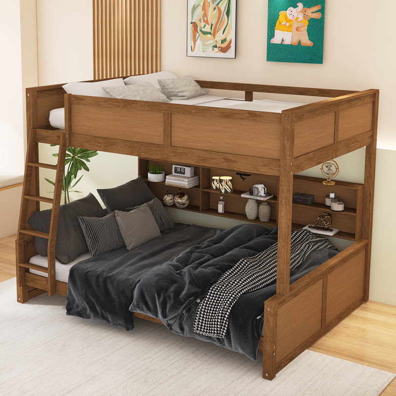 Lit double superposé au-dessus de grand lit double avec armoires de rangement et ports USB, Brun