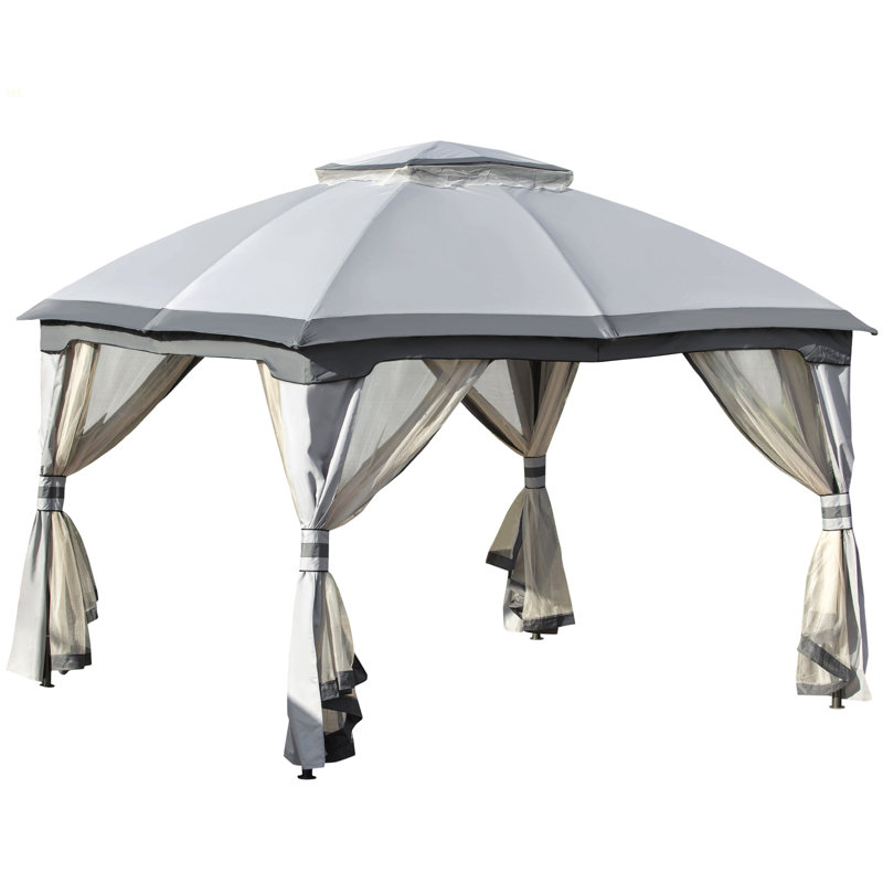 Pavillon de jardin extérieur 10 pi x 12 pi, abri de pavillon pour pavillon avec toit à double aération, parois latérales en filet à fermeture à glissière, structure en acier massif, gris