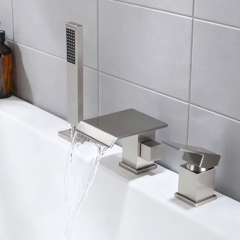 Solid Brass Deck Mounted Waterfall Roman Tub Filler with Hand Shower, Brushed Nickel