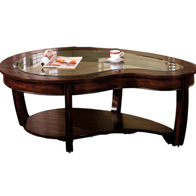 Table basse classique en cerisier foncé avec tablette ouverte et plateau en verre