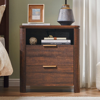 Table de chevet moderne de 61 cm de haut avec 2 tiroirs, station de recharge et tablette ouverte, coins arrondis, idéale pour la chambre à coucher.