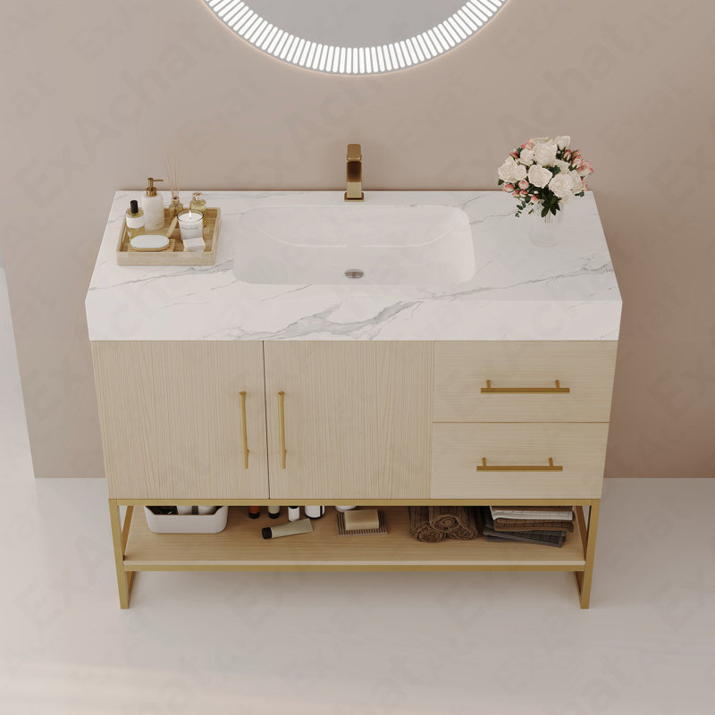 Meuble-lavabo moderne 36 po avec lavabo en céramique sans couture et armoire autoportante dorée, Blanc