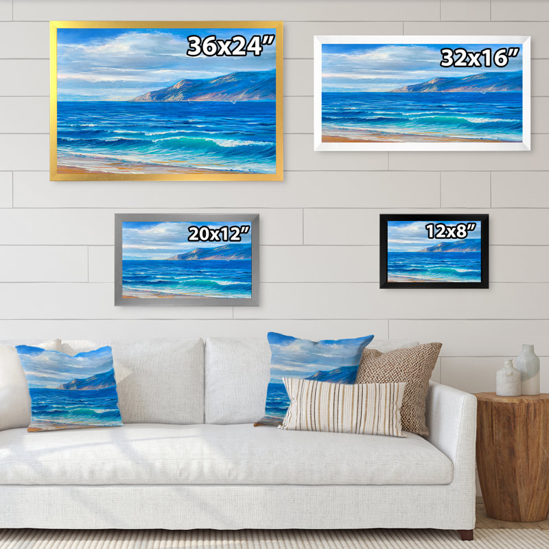 «Morning Sunlight On The Sea Waves», art mural nautique et côtier sur toile, H 16 po x l 32 po x P 1 po, Cadre photo noir