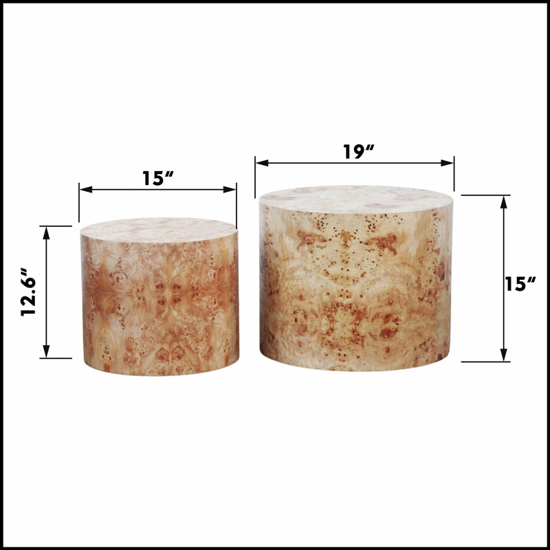 Ensemble de 2 tables basses gigognes, tables d'appoint rondes modernes en bois pour petits espaces, finition en loupe naturelle
