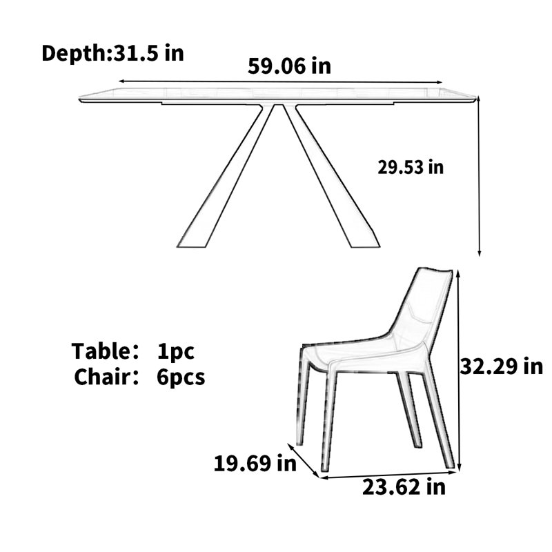 Table de salle à manger italienne de luxe moderne, H 29,53 po x L 59,06 po x l 31,5 po