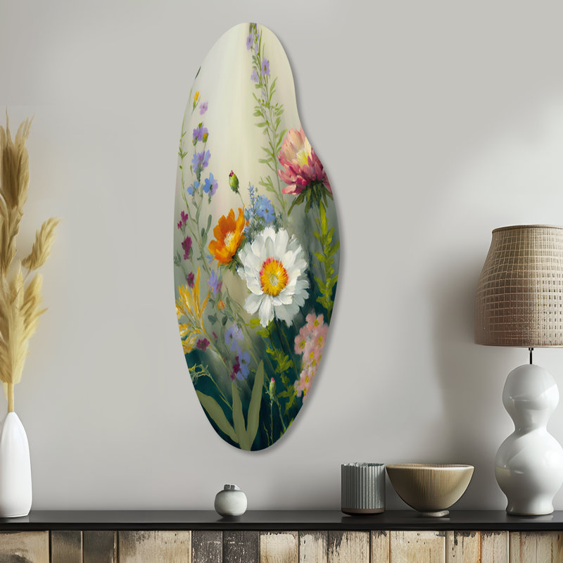 «Painted Blossoming Wildflowers VI - Bouquet floral», art mural asymétrique en métal, H 38 po x l 15 po