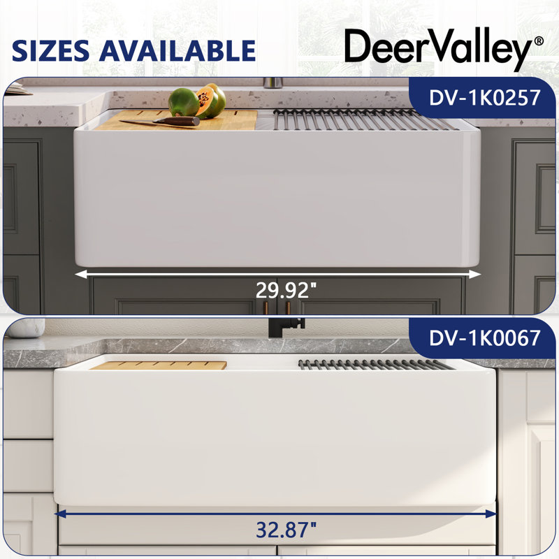 Évier de cuisine à simple cuve à tablier frontal avec grille d'évier, planche à découper et support à vaisselle Deervalley L 30 po x l 20 po