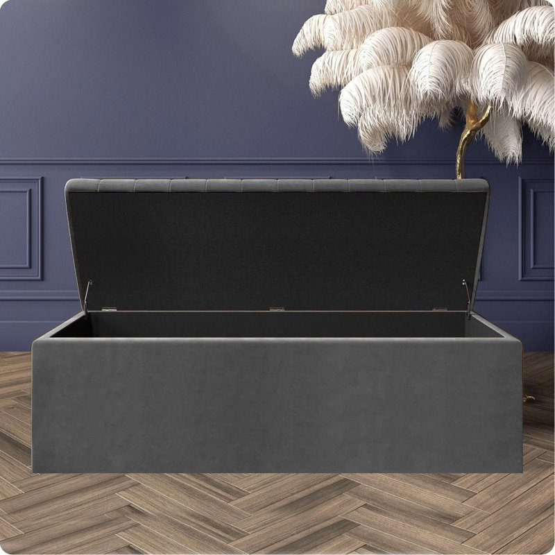 Safar Wide Velvet Rectangle Solid Color Standard Ottoman Box with Storage, Steel Plush Velvet, 120 cm