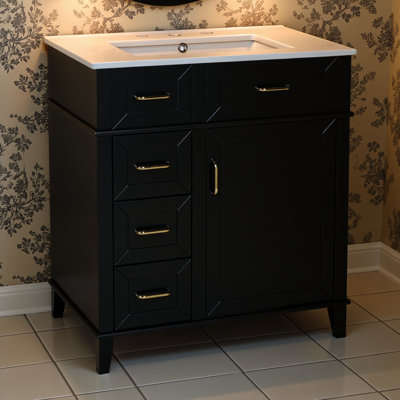 Meuble-lavabo de 30 pouces avec lavabo en céramique, tablette réglable, porte à fermeture en douceur et trois tiroirs à fermeture en douceur