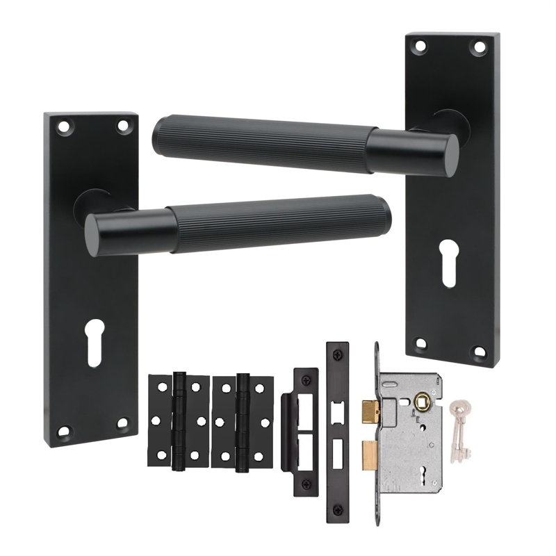 Golden Grace Victorian T-Bar Linear Design Lock Door Handle Set Matt Black Finish with 3 Lever Lock - 150mm