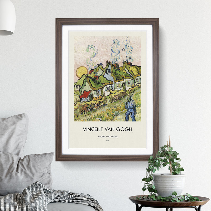 Houses and Figure by Vincent Van Gogh - Picture Frame Painting, Walnut Framed, 65cm H x 48cm W x 2cm D