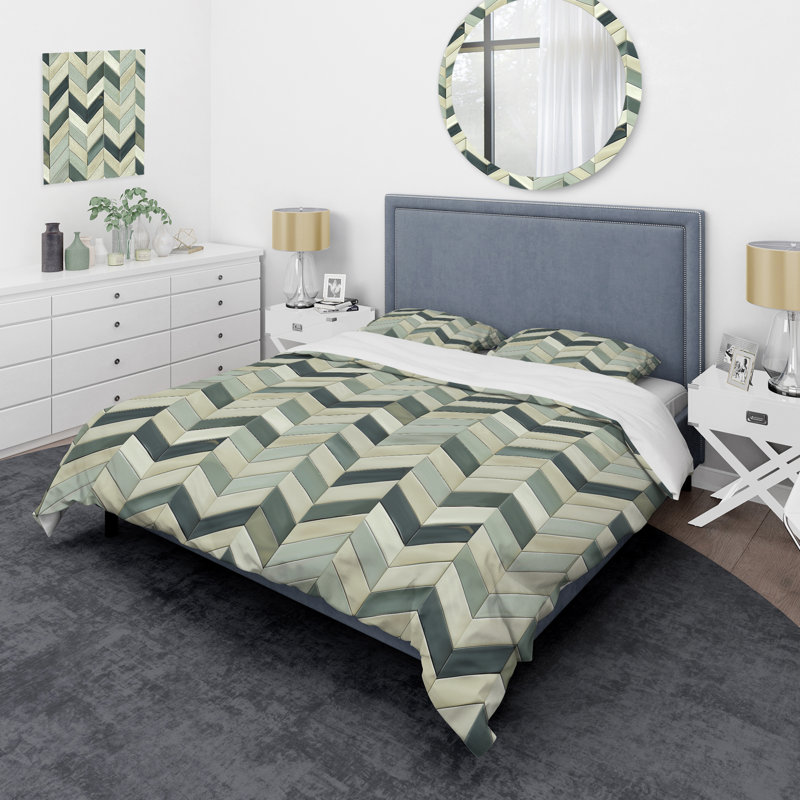 Ensemble de housse de couette moderne à chevrons beige et vert, Housse de couette très grand et 2 très grandes t