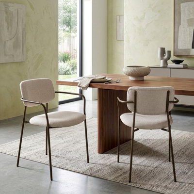 Ensemble de 2 chaises de salle à manger en tissu tissé délavé beige avec accoudoirs et pieds en fer Bernard