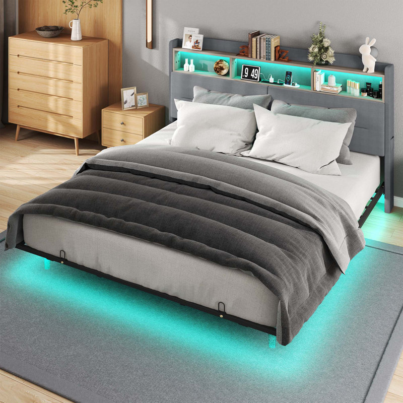 Upholstered Platform Storage Bed with LED Lights, King, Grey